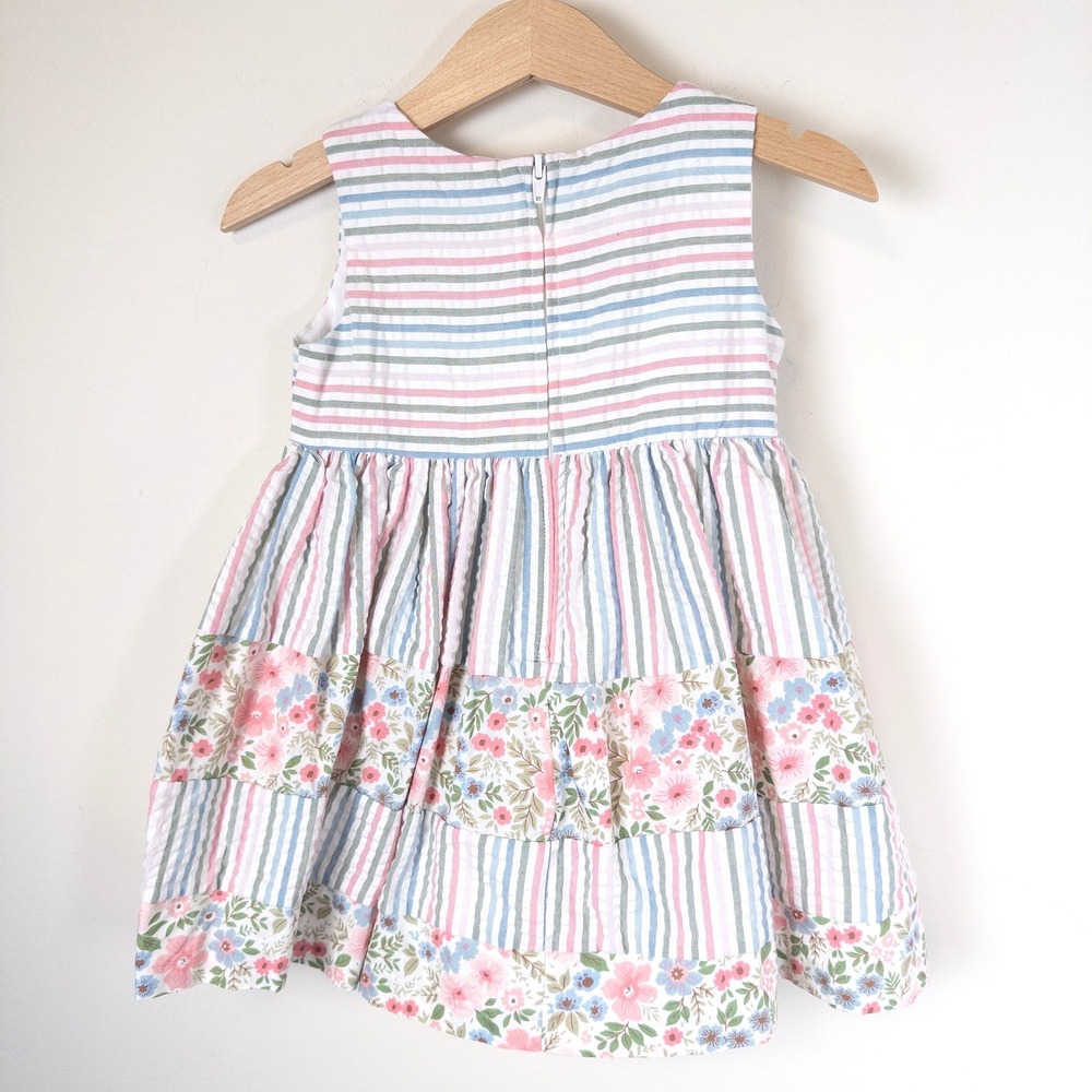 Bonnie Baby Dress Kids 18M Pink Blue Striped Floral Seersucker Sleeveless Bow - Picture 3 of 7
